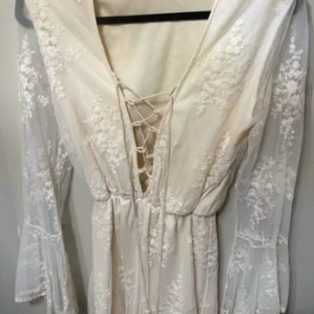 Handmade Grecian Bohemian Ivory/Off-White Lace up Hand Embroidered Romper